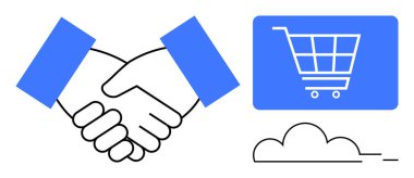 El sıkışma ortaklığı, alışveriş arabası ekranı ve bulutu sembolize eder. E-ticaret, işbirliği, güven inşa, dijital işlemler, online iş ekibi bulut teknolojisi için ideal. Düz basit