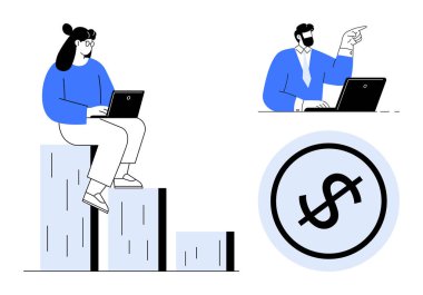 Diz üstü bilgisayarlı bir kadın, veriye bakan bir adam, göze çarpan dolar işareti. Finans, strateji, takım çalışması, iş büyümesi, analitik yatırım kazanma potansiyeli için ideal. Düz basit metafor