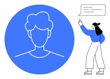 Profil avatarı, konuşma balonunda el kol hareketi yapan kadının yanında mavi çemberle işaretlenmiş. Sosyal etkileşim, iletişim, kullanıcı arayüzü, çevrimiçi kimlik, profil ayarları, takım çalışması, geri bildirim için ideal