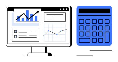 Finansal planlama için hesap makinesinin yanında grafikler, bar grafikleri ve kontrol listesi olan masaüstü ekran. İş, finans, analitik, bütçe, muhasebe stratejisi eğitimi için idealdir. Düz basit