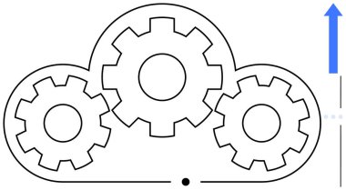 Bir bulut anahatındaki birbirine bağlı dişliler yukarı doğru bir okla birleşerek büyüme ve ilerlemeyi gösteriyor. Teknoloji, yenilik, takım çalışması, üretkenlik, bulut hizmetleri, verimlilik ve veri için ideal