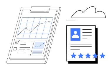 Grafik ve veri içeren pano, reyting içeren profil belgesi, soyut bulut. Analiz, adam toplama, performans takibi, değerlendirmeler, iş arama, bulut depolama dairesi için ideal basit metafor