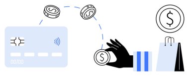 Kredi kartı, madeni paralar ve alışveriş çantası. Finans, e-ticaret, bankacılık, bütçe, dijital alışverişler için ideal. Düz basit metafor