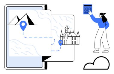 Tablet, dağları ve kaleyi birbirine bağlayan yol haritasını gösteriyor. Kadın mobil cihazla etkileşime geçiyor. Seyahat, seyrüsefer, planlama, turizm, keşif, teknoloji keşfi için idealdir. Düz