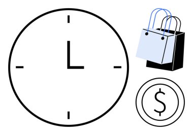 Öğlen ya da gece yarısını gösteren bir saat, saplı bir alışveriş çantası ve daire şeklinde bir para birimi sembolü. Zaman yönetimi, çevrimiçi alışveriş, bütçe planlaması, mali planlama, ticaret, perakende zaman