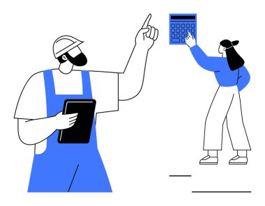 Güvenlik teçhizatı takan işçiler, dev bir hesap makinesiyle etkileşime giren bir kadınla eşleştirilirken pano tutuyorlar. Takım çalışması, üretkenlik, planlama, inşaat, işbirliği için ideal