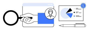 Büyüteç aday profilini inceler, analiz tablosu veri içgörülerini gösterir, mavi renk anahtar bilgiyi ön plana çıkarır. İşe alım, veri analizi, işe alım stratejileri, İK süreci için ideal