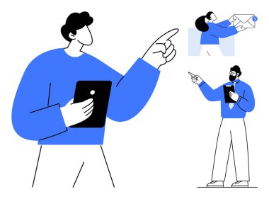 Çeşitli takımlar fikir alışverişinde bulunuyor ve dijital araçlar kullanarak görevleri devrediyorlar. Takım çalışması, işbirliği, liderlik, iletişim, organizasyon, üretkenlik için ideal, düz basit metafor