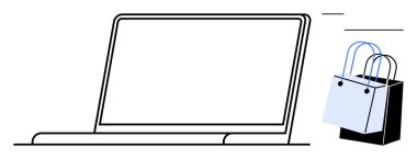 Yanında iki alışveriş çantası olan dizüstü bilgisayar taslağı. Minimalist tarzında. E-ticaret, çevrimiçi alışveriş, perakende satış, dijital işlemler, tüketici davranışı, mobil alışveriş ve İnternet satışları için ideal. Soyut