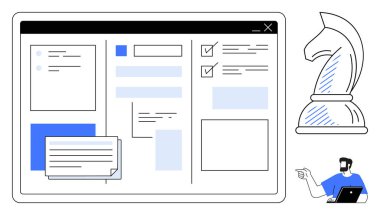 Proje yönetimi arayüzü büyük ekranda görev listeleri, notlar ve bir satranç şövalyesi ile birlikte. Diz üstü bilgisayar kullanan birini işaret ediyor. Üretkenlik, takım çalışması, strateji ve dijital araçlar için ideal