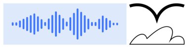 Mavi ses dalgaları minimalist siyah kuş ve bulut ile eşleştirildi. Ses, iletişim, doğa, yaratıcılık, teknoloji, özgürlük, basitlik için idealdir. Düz basit metafor