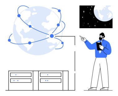 Dünya gezegeni küresel düğümler, veri sunucuları ve ağ verilerini analiz eden bir adam aracılığıyla birbirine bağlandı. Teknoloji, küresel iletişim, veri analizi, ağ, internet, bilişim çözümleri için ideal basit