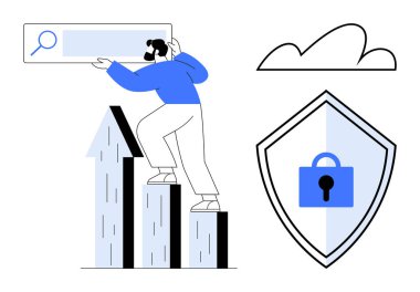 Arama simgesi tutan kişi yukarı doğru giden oklar üzerinde kalkan kilidi ve bulut sembolünün yanında duruyor. Veri gizliliği, siber güvenlik, bulut depolama, internet arama, iş büyümesi, teknoloji, çevrimiçi için ideal