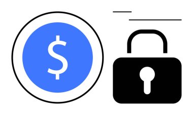Siyah asma kilidin yanındaki mavi dolar madeni güvenlik, şifreleme ve siber güvenliği gösteriyor. Fintech, bankacılık, çevrimiçi ödeme, siber güvenlik, mahremiyet, risk yönetimi dairesi için ideal
