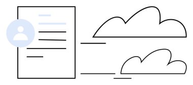 Dijital veri göçünü, paylaşım ve depolamayı temsil eden bulutların yanında kullanıcı profili belgesi. Bulut hesaplama, veri senkronizasyonu, çevrimiçi belgeler, iş akışı entegrasyonu, dijital