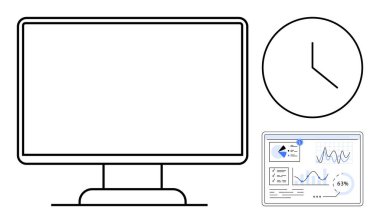 Saatin yanında bilgisayar monitörü ve grafik ve ölçümleri içeren gösterge paneli. Üretkenlik, analitik, teknoloji, zaman izleme, verimlilik, organizasyon için ideal, düz basit metafor
