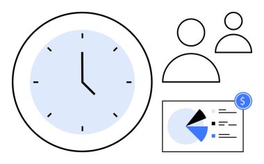 Saat, kullanıcı profilleri ve pasta ve çubuk unsurları içeren finansal tablolar zaman verimliliği, takım çalışması ve bütçeyi vurguluyor. Üretkenlik, planlama, işbirliği, mali analiz zamanlaması için ideal