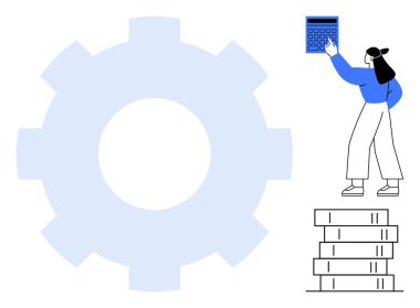 Hesap makinesi kullanırken kitap raflarının yanında duran kadın. Arkaplan olarak büyük bir teçhizat. Eğitim, planlama, problem çözme, üretkenlik, mekanik, yenilik için ideal, düz basit metafor