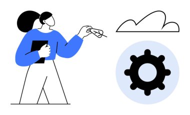 Tablet mimikleri olan kadın bulut ve teçhizat, teknolojiyi, bulut bağlantısını ve gelişim sürecini birleştiriyor. Üretim, liderlik, işbirliği, yaratıcılık, planlama ve ilerleme için ideal