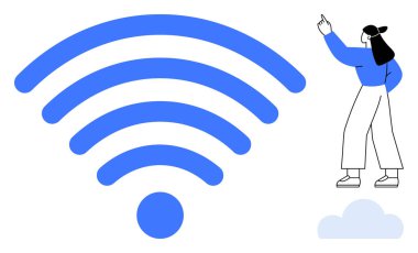 Geniş dijital kablosuz sinyaller, ona doğru hareket eden kadınlar, iletişimi, çevrimiçi erişimi ve modern teknolojiyi sembolize ediyor. Teknoloji, internet, bağlantı, kablosuz, bulut hesaplama için ideal