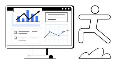 Bilgisayar monitörü analitik grafikleri, ilerleme çubuklarını ve çizelgeleri gösteriyor. Büyüme, başarı, ilerleme, planlama, başarı, üretkenlik için ideal düz metafor