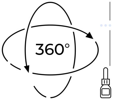 Dinamik eğri oklarla çevrili 360 metin, dönüşleri sembolize ediyor, bir damla ikonu ile eşleştiriliyor. Hareket, perspektif, yaratıcılık, adaptasyon, bilim, yenilik için ideal, düz basit metafor