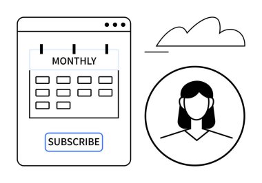 Aylık etiketli takvim, abone tuşu, profil simgesi ve bulut ögesi. Üyelik, programlama, katılım, abonelik kullanıcı yönetimi verimliliği için ideal. En düşük düz