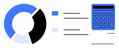 Sıralı metin satırlarıyla bir hesap makinesine bağlı oranları gösteren turta grafiği veri analizi, hesaplama, bütçe, ölçüm, istatistik, planlama, araştırma. Düz basit metafor