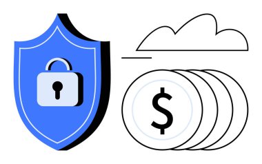 Kilitli, bulutlu ve paralı kalkanlar güvenliği, finansal güvenliği, bulut ekonomisini, veri korumasını vurguluyor. Finans, siber güvenlik, tasarruf sigortası teknolojisi için ideal modern