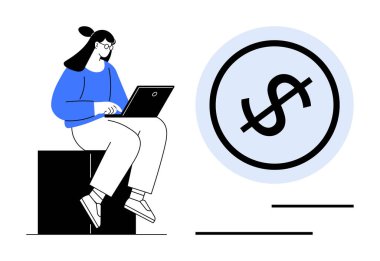 Dizüstü bilgisayarda yazan kadın, büyük bir dolar işareti sembolünün yanında oturuyor. Serbest çalışma, uzak işler, finansal planlama, dijital iş, çevrimiçi kazanç, ekonomik büyüme, düz bir metafor için ideal