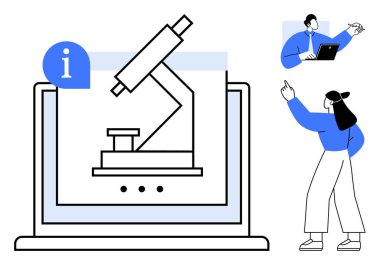Bilgi sembollü mikroskop görüntüsü, işbirlikçi profesyoneller, eğitim temalı. Bilim, araştırma, teknoloji, çevrimiçi öğrenme, takım çalışması, bir dairede yenilik rehberliği için ideal