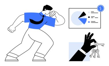 İş adamı pozu, pasta grafiği, parasal gösterge, el ele tutuşmalar. Liderlik, başarı, finans, strateji büyümesi güvenlik motivasyonu için idealdir. Düz basit metafor