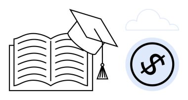 Mezuniyet şapkası ve yuvarlak dolar işareti bulutu öğrenmeyi, okul ücretini, finansal planlamayı bursları, öğrenci kredilerini, kariyer yatırımlarını, bilgi kaynaklarını öneriyor. İdeal