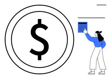 Çemberin içinde hesap makinesiyle etkileşime giren bir kadınla dolar işareti. Finans, bütçe, ekonomi, tasarruf, muhasebe, yatırım, stratejik planlama için ideal. Düz basit metafor