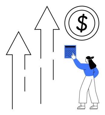 Kadın, büyümeyi yukarı doğru ok ve dolar sembolüyle minimalist tarzda hesaplıyor. Finans, bütçe, planlama, ekonomi, yatırım, muhasebe ve kâr büyümesi için ideal. Düz basit metafor