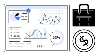 Turta grafikleri, çizgi grafikleri ve analitik araçlardan oluşan veri paneli. Yanında para ve evrak çantası sembolleri var. Finans, istatistik, strateji, büyüme ve izleme için ideal raporlar basit