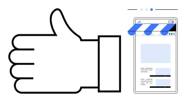 Mobil ekranın yanında internetteki mağaza önü düzenini gösteren büyük boy baş parmak işareti. E-ticaret, onay, ürün değerlendirmesi, kullanıcı memnuniyeti, çevrimiçi iş, sosyal etkileşim, sabit
