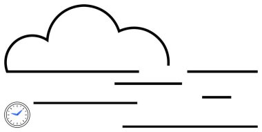 Saatle akan çizgilere bağlı minimalist bulut. Zaman yönetimi, üretkenlik, bulut hesaplama, veri akışı, verimlilik, programlama ve yenilik için ideal. Düz basit metafor