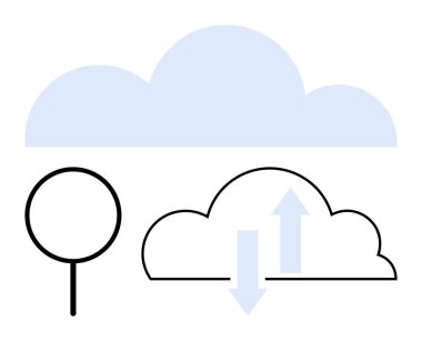 Büyük mavi bulut, aşağı ve yukarı okları olan çizgili bulut, dairesel ağaç elementi. Teknoloji, bulut hesaplama, veri transferi, çevre, depolama, yenilik dijital ağ metaforları için ideal