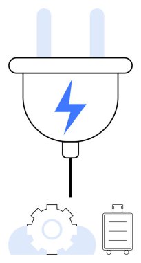 Mavi yıldırımlı elektrik prizi ayarları temsil eden teçhizat ve seyahati simgeleyen bavul. Enerji, hareketlilik, yenilik, teknoloji, otomasyon sürdürülebilirlik bağlantısı için idealdir. Düz
