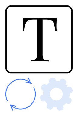 Büyük T tipografiyi, tekrarlama veya değişiklik için dönen oklar ve kişiselleştirme veya ayarlar için bir dişli ile sembolize eder. Metin düzenleme, iş akışı, otomasyon, tasarım, süreç optimizasyonu için ideal