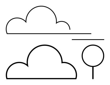 Minimum bulut şekilleri ve yatay çizgileri olan ağaç anahatları. Doğa için ideal, basitlik, sürdürülebilirlik, hava durumu, açık hava, minimalizm, çevre tasarımı. Modern düz basit metafor