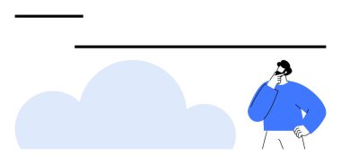 Mavi gömlekli adam, bulutların üzerinde kafa yoruyor, yenilikleri ve fikirleri yansıtıyor. Yaratıcılık, beyin fırtınası, problem çözme, yenilik, hayal gücü, ilham ve kavramsal sanat için ideal