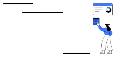 Kadın analiz için hesap makinesi kullanarak dijital grafik ve pasta grafiğiyle etkileşime giriyor. Veri yönetimi, analitik, iş büyümesi, üretkenlik, finans, eğitim ve sunum için ideal. Düz basit