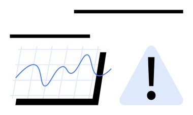 Üçgen ünlem işaretinin yanında yükselen ve azalan eğilimli çizgi çizelgesi. Risk analizi, veri tahmini, iş performansı, alarm sistemleri, karar verme mekanizması, veri