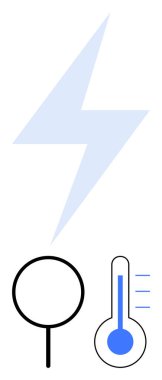 Büyüteç ve termometrenin üstündeki şimşek şimşeği enerji, teftiş ve sıcaklık düzenlemelerini temsil ediyor. Enerji korunumu, sürdürülebilirlik, izleme, bilim ve teknoloji için ideal