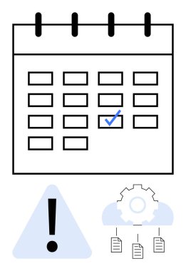 Bir tarih, uyarı işareti işaretleme uyarısı ve dosyaları birbirine bağlayan bulut dişlisi, planlama, teslim tarihleri ve bulut veri senkronizasyonunu gösteren takvim ızgarası. Zamanlama, verimlilik ve teknolojik işlev için ideal