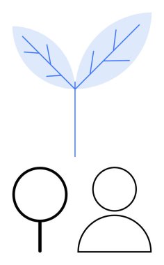 Büyümeyi simgeleyen iki yapraklı bitki kullanıcı ve büyüteç, doğayı ve insan odaklarını harmanlıyor. Sürdürülebilirlik, ekoloji, büyüme, arama, bağlantı, yenilik için ideal