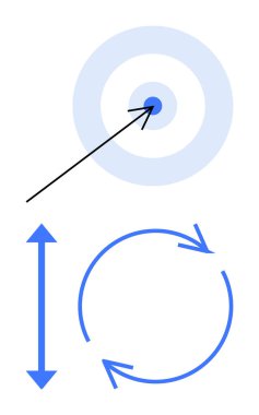Ortasında ok olan hedef, ölçüm için dikey oklar, döngü için dairesel oklar. Büyüme, hedefler, ilerleme, optimizasyon ve planlama stratejisi için ideal. Düz basit metafor