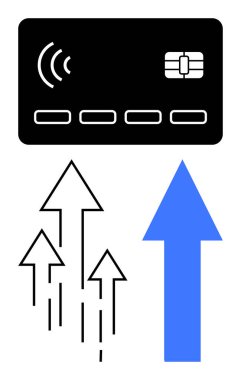 Gelişmeyi gösteren siyah ve mavi oklarla çevrili temassız teknolojili kredi kartı. Finans, bankacılık, teknoloji, dijital ödemeler, iş, pazarlama, büyüme için idealdir. Düz